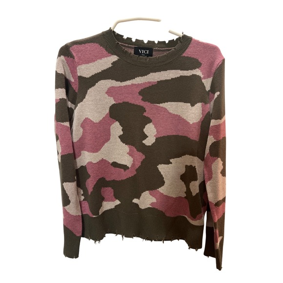Vici Sweaters - Vici Womens Pink Olive Camo Distressed Knit Sweater NVW0448 Small